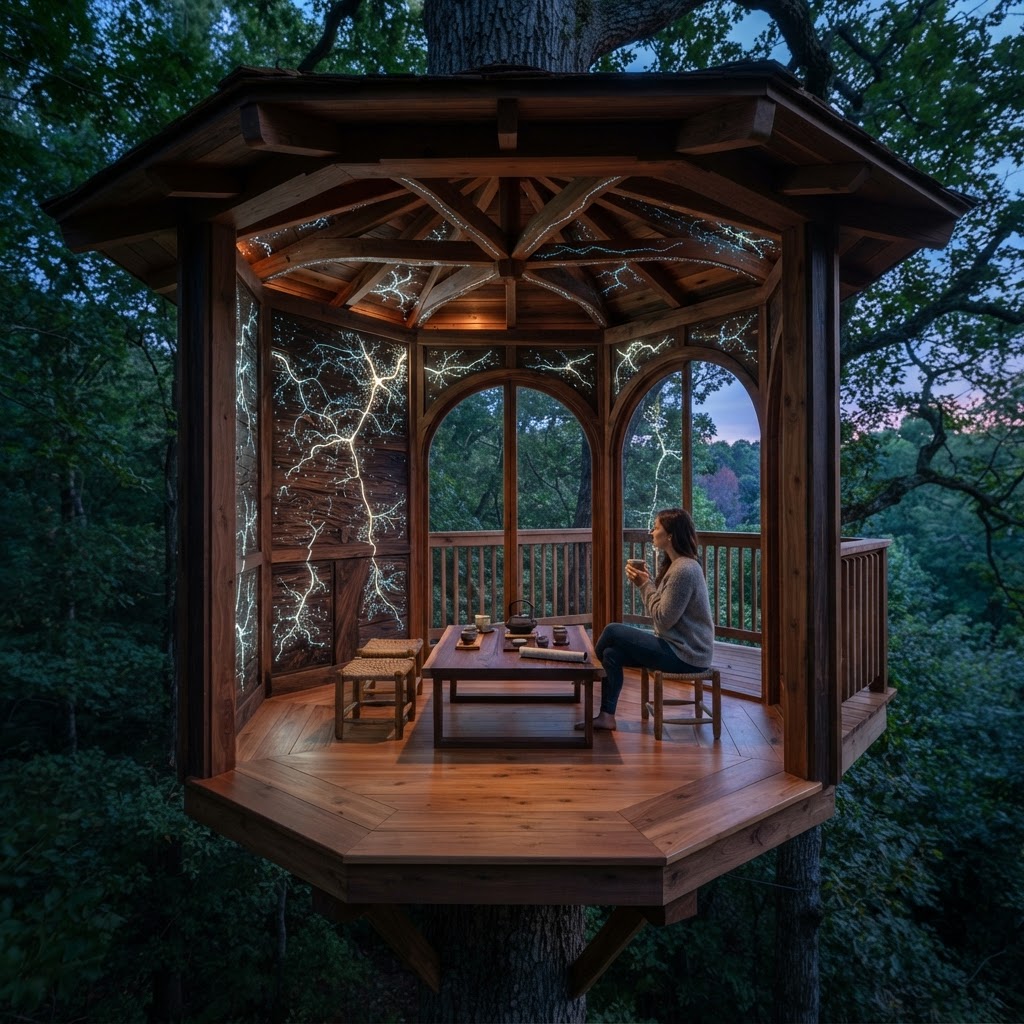 Bio-Luminescent Mycelium-Inlaid Treetop Tea-Alcove