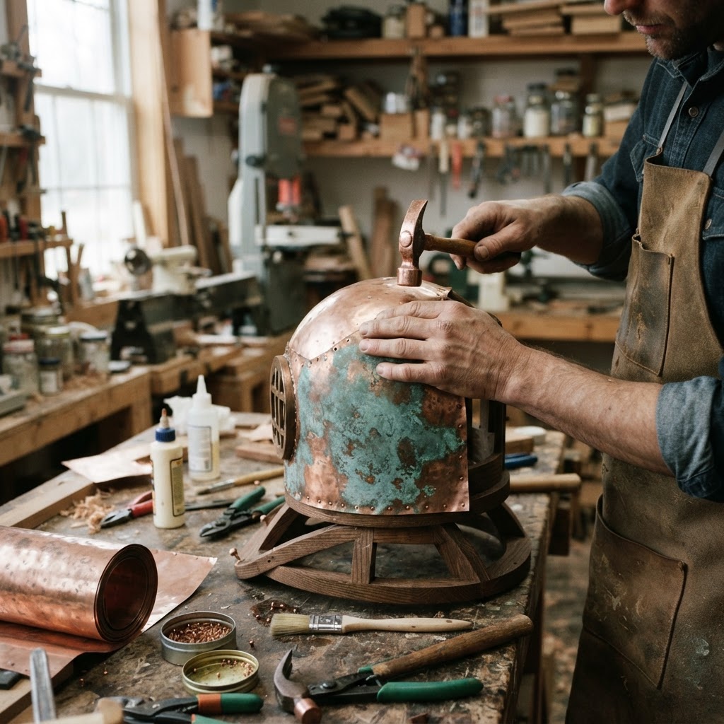 Vintage Patinated Copper Diving Suit Helmet Bird Feeder — step 2