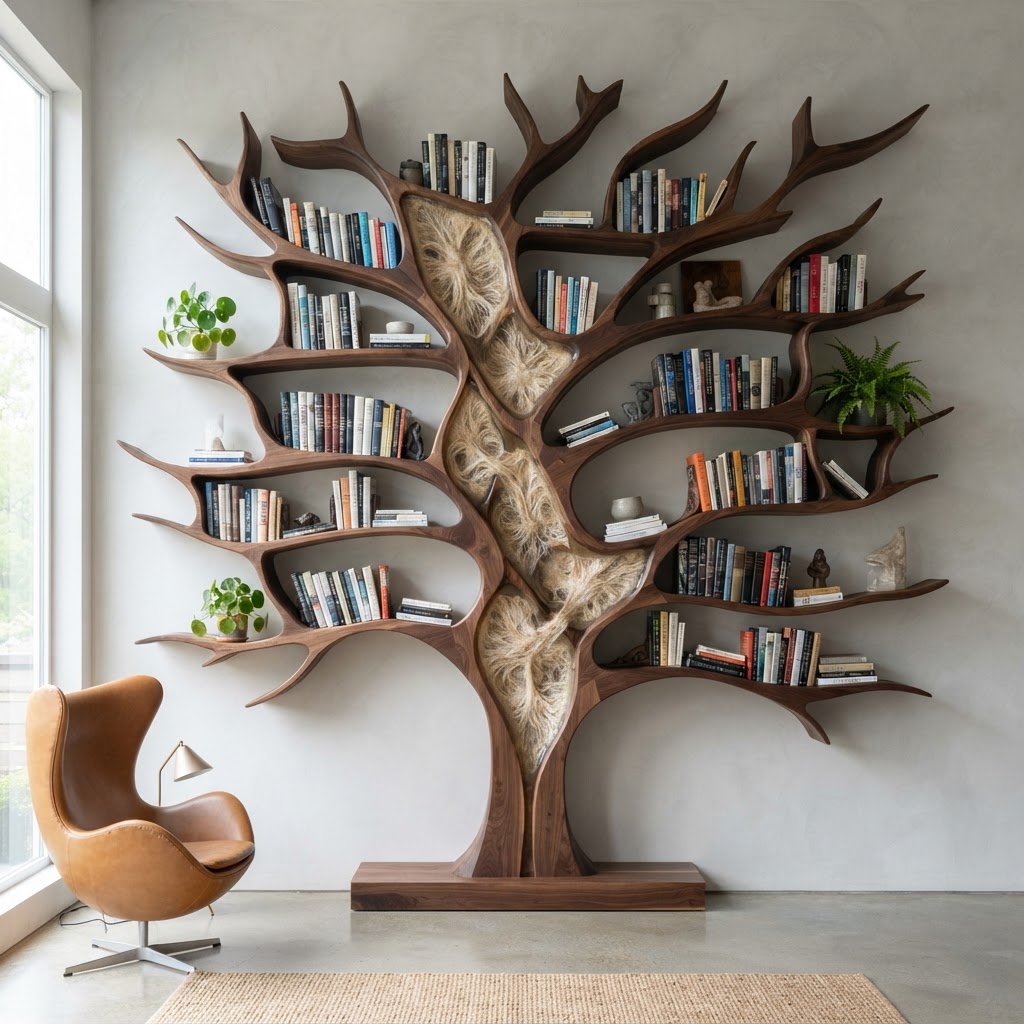 Bespoke Treetop Dendritic Mycelium-Infused Sculptural Bookcase