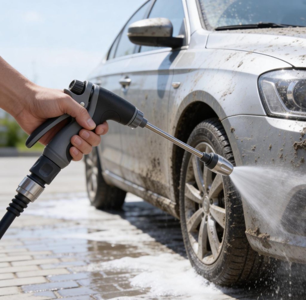 Hand cleaning a muddy car with a pressure nozzle