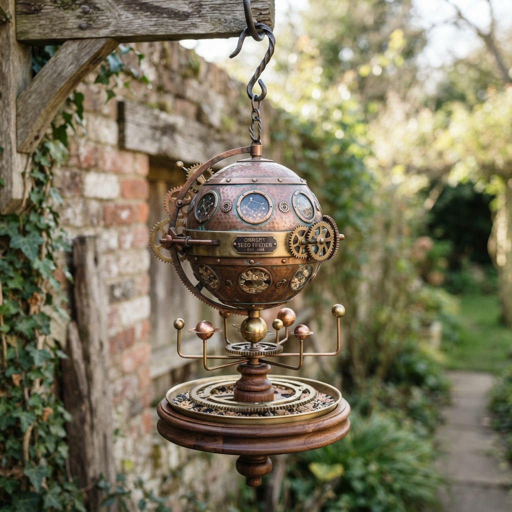Vintage Patinated Copper Orrey Planetarium Seed Feeder