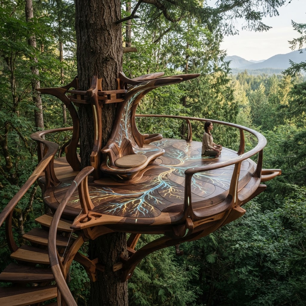 Bespoke Treetop Dendritic Mycelium-Infused Phyto-Diffractive Sap-Flow Canopy Radiance-Mapping Meditation Plinth