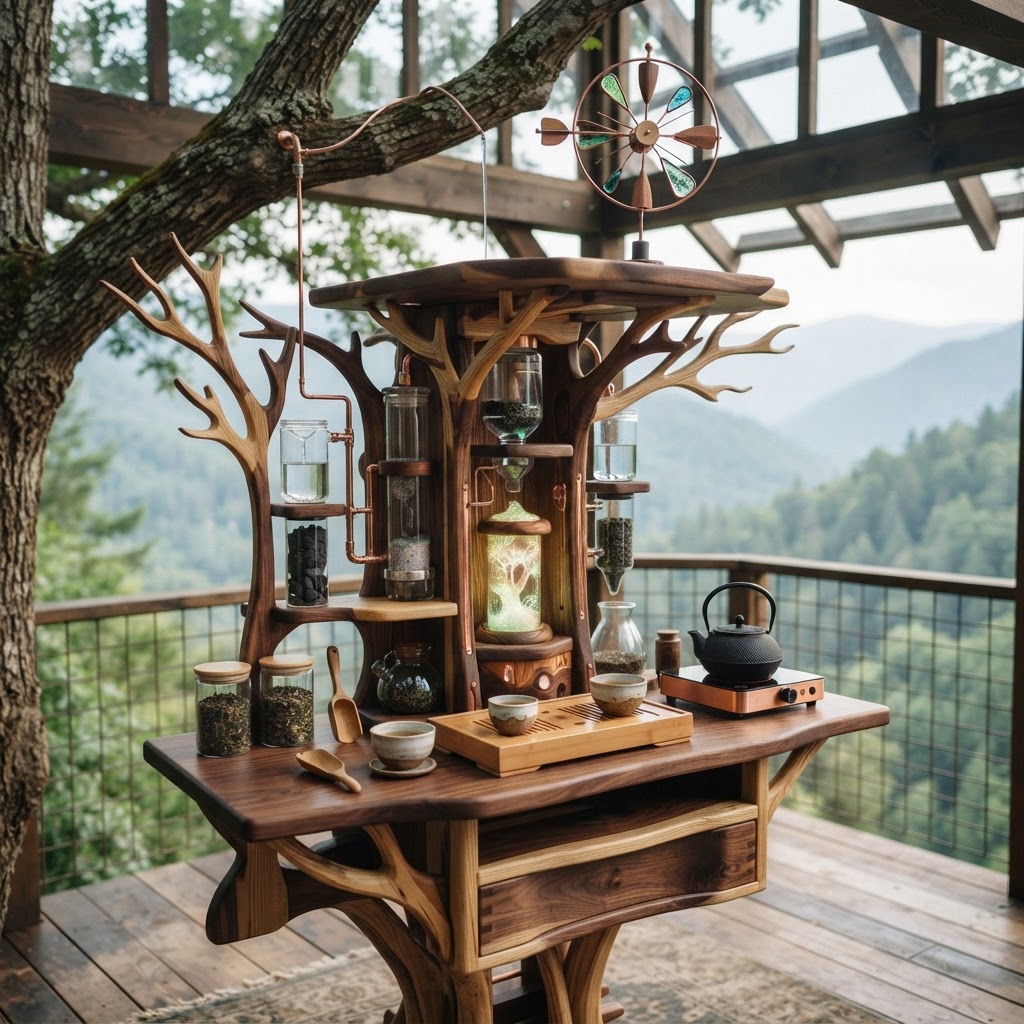 Bespoke Treetop Dendritic Mycelium-Infused Phyto-Ionic Sap-Flow Canopy Aurora-Vane Tea Service Station