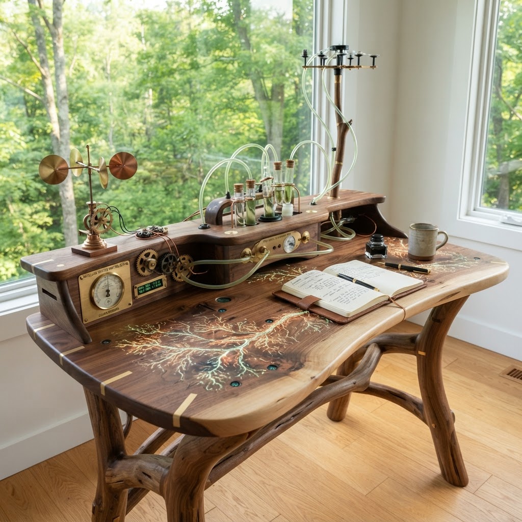 Bespoke Treetop Dendritic Mycelium-Infused Phyto-Sonic Canopy Sap-Flow Anemometer Writing Desk