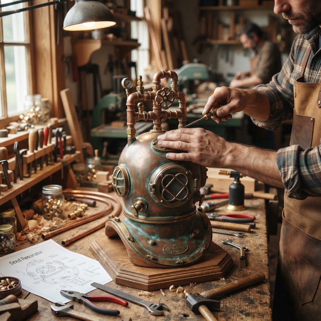 Vintage Patinated Copper Victorian Diving Helmet Seed Resonator — step 3