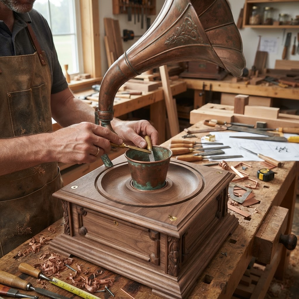 Vintage Patinated Copper Victorian Gramophone Seed Phonograph — step 3