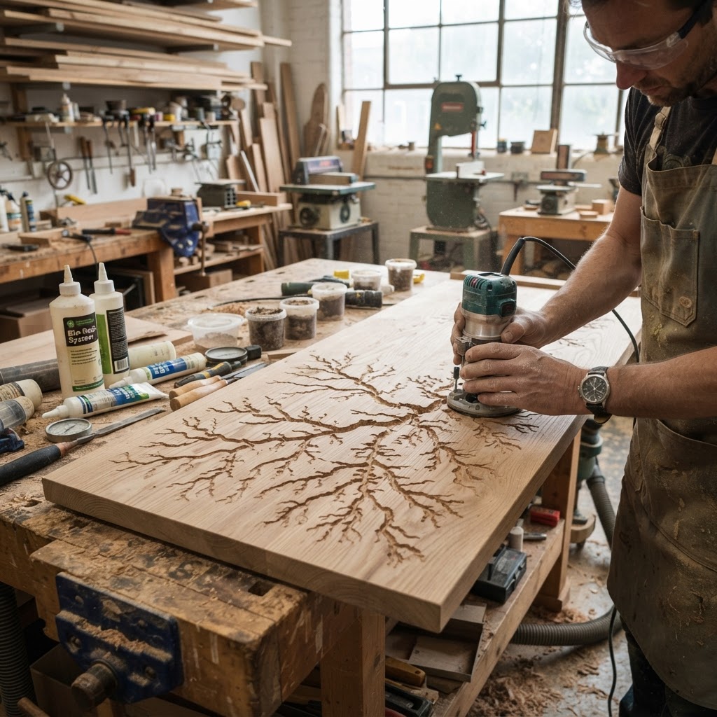 Bespoke Treetop Dendritic Mycelium-Infused Phyto-Refractive Sap-Flow Canopy Zephyr-Orrery Writing Desk — step 1
