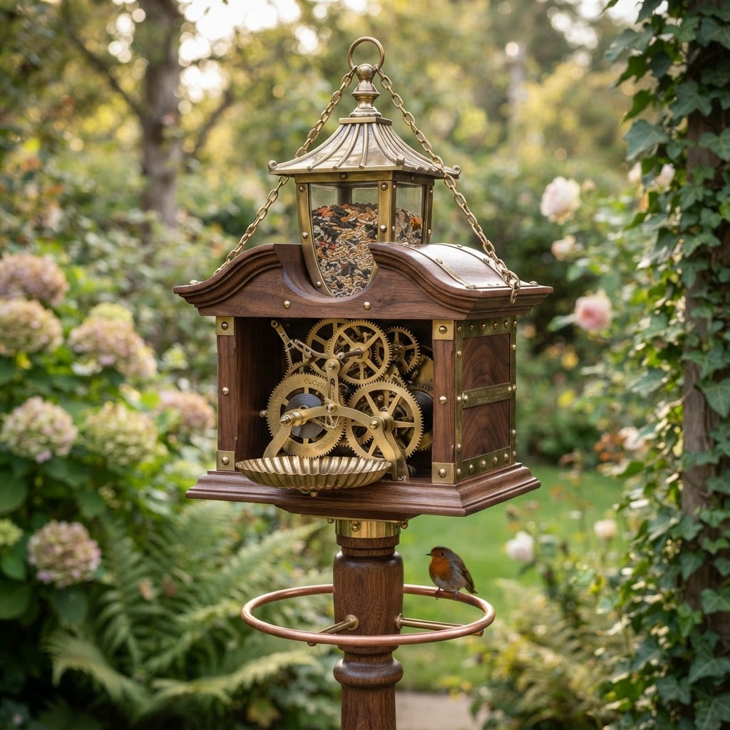 Steampunk Victorian Brass-Gear Seed-Dispensing Clockwork Feeder