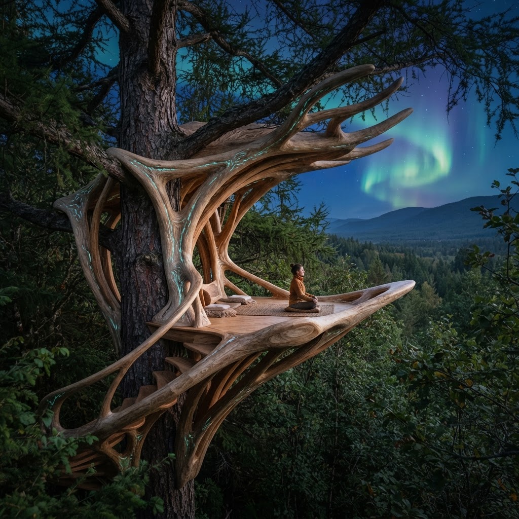 Bespoke Treetop Dendritic Mycelium-Infused Phyto-Gravimetric Sap-Flow Canopy Aurora-Tracking Meditation Plinth