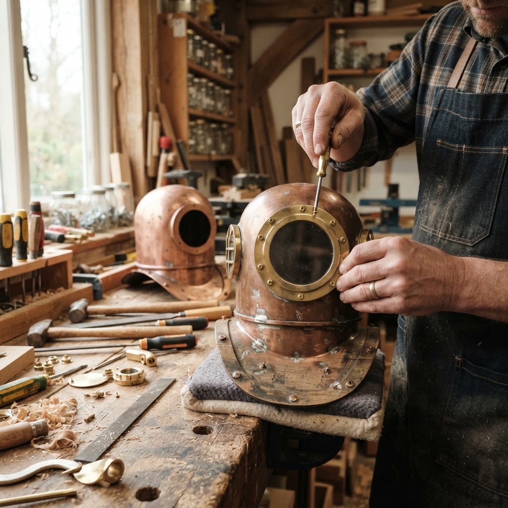 Vintage Patinated Copper Diving Suit Helmet Bird Feeder — step 3