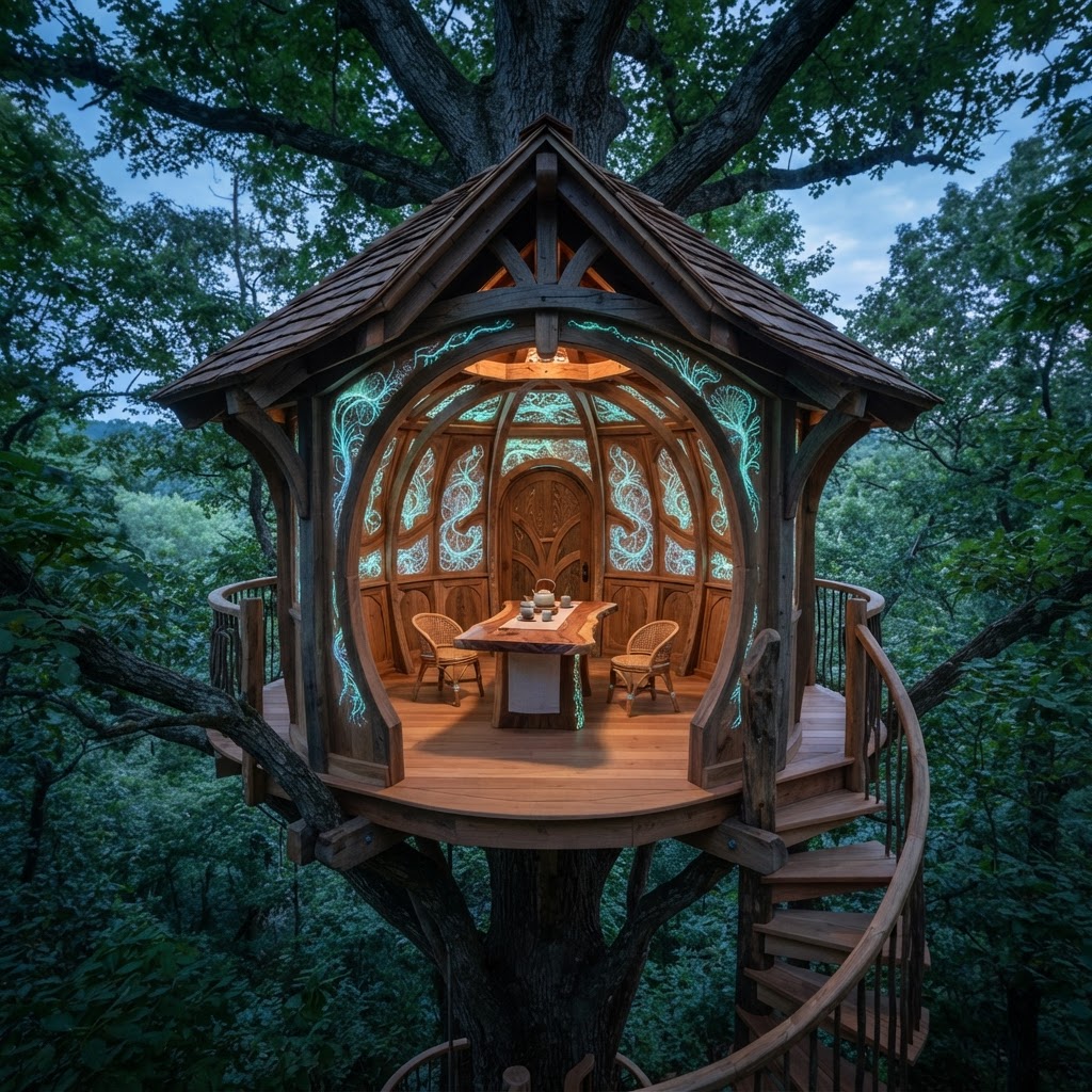 Bioluminescent Mycelium-Inlaid Treetop Tea-Alcove