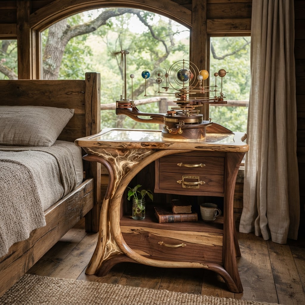 Bespoke Treetop Dendritic Mycelium-Infused Phyto-Kinetic Sap-Flow Canopy Zephyr-Orrery Nightstand