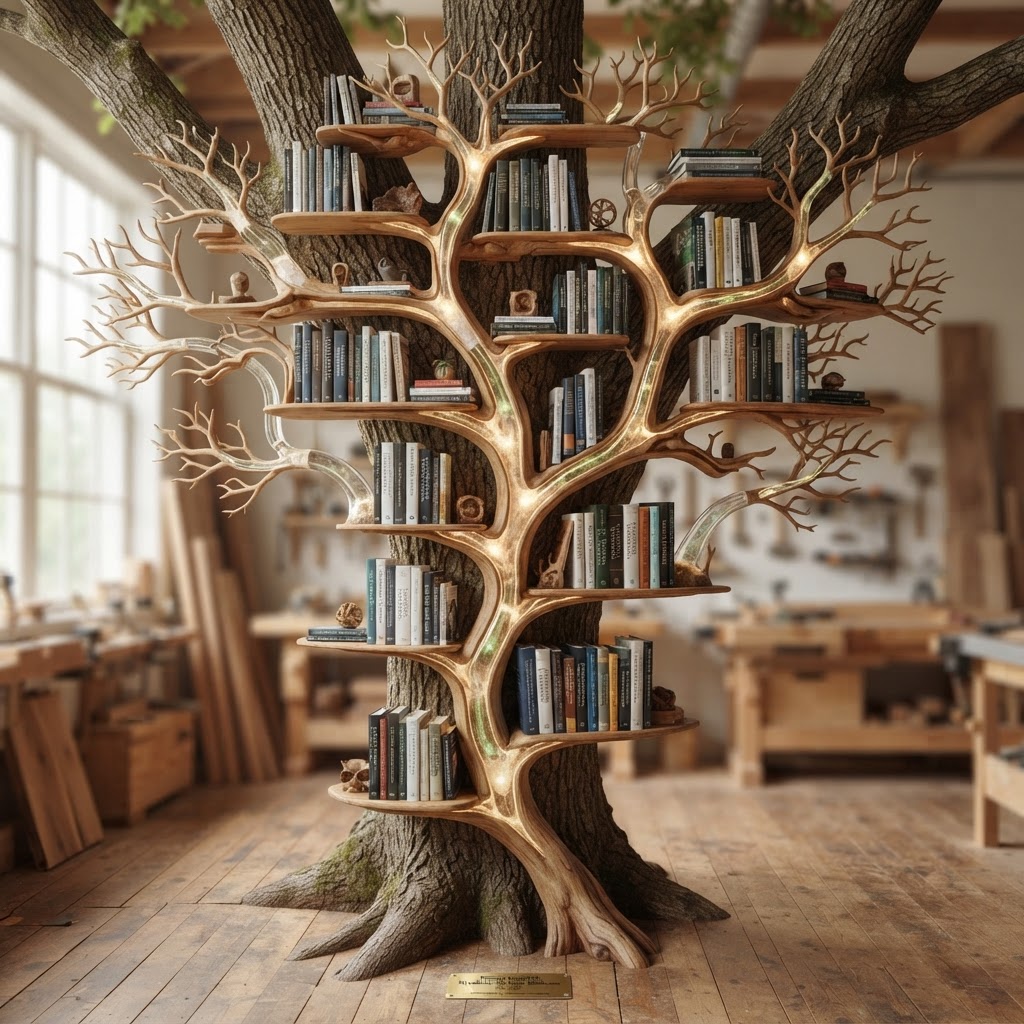 Bespoke Treetop Dendritic Mycelium-Infused Phyto-Thermal Sap-Flow Canopy Zephyr-Vane Bookcase