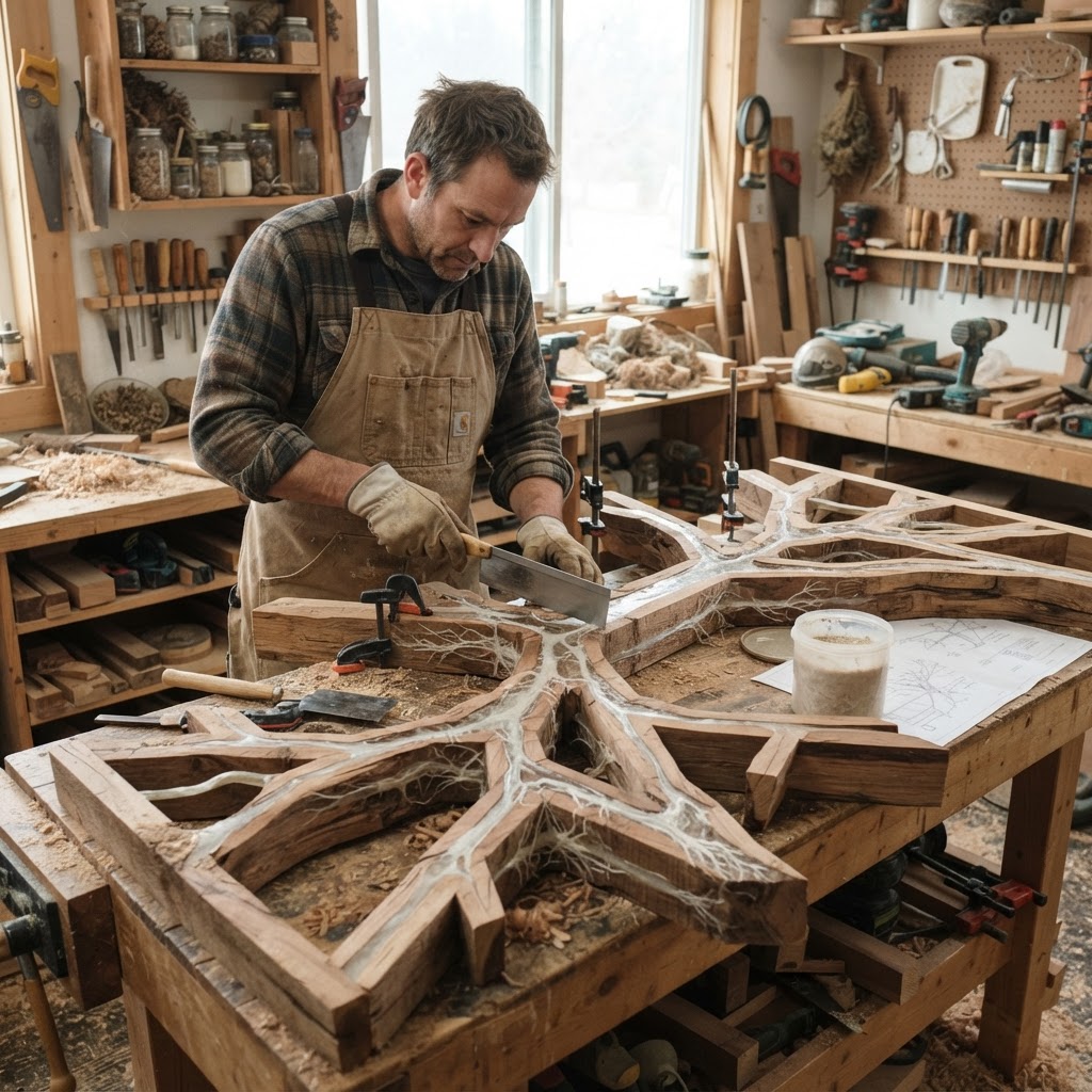 Bespoke Treetop Dendritic Mycelium-Infused Phyto-Sonic Sap-Flow Canopy Zephyr-Alignment Vanity Desk — step 1