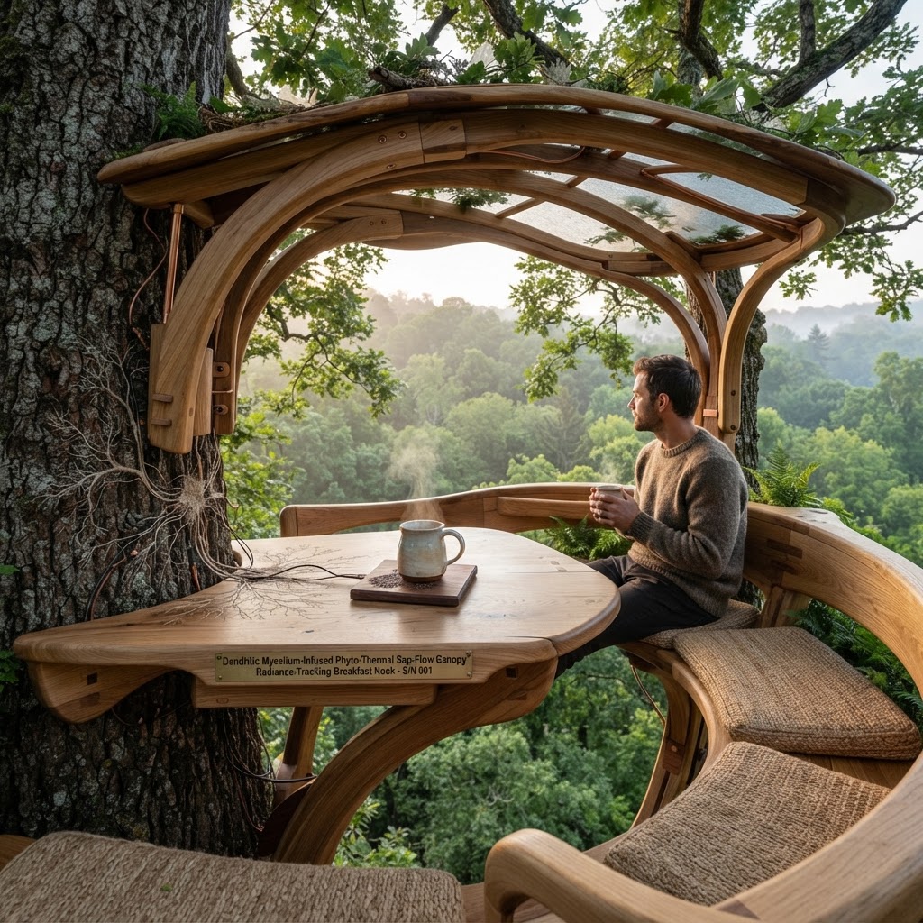 Bespoke Treetop Dendritic Mycelium-Infused Phyto-Thermal Sap-Flow Canopy Radiance-Tracking Breakfast Nook