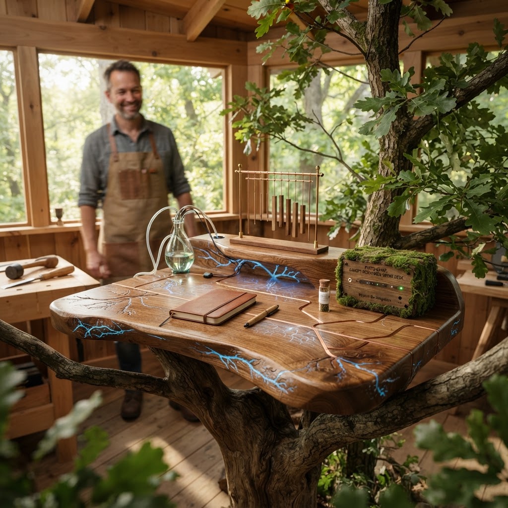 Bespoke Treetop Dendritic Mycelium-Infused Phyto-Sonic Sap-Flow Canopy Resonance-Chime Desk
