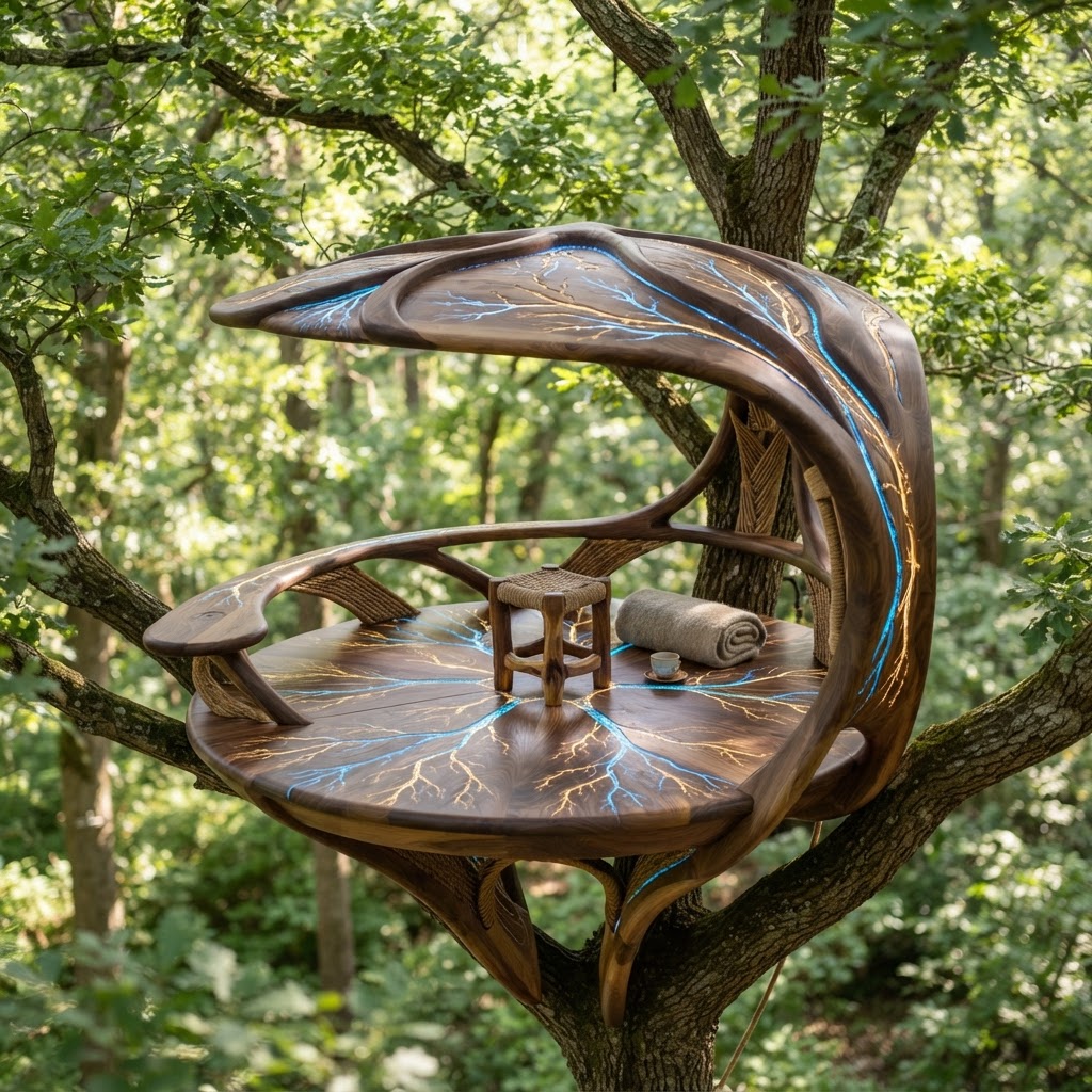 Bespoke Treetop Dendritic Mycelium-Infused Phyto-Luminescent Sap-Flow Canopy Radiance-Mapping Meditation Plinth