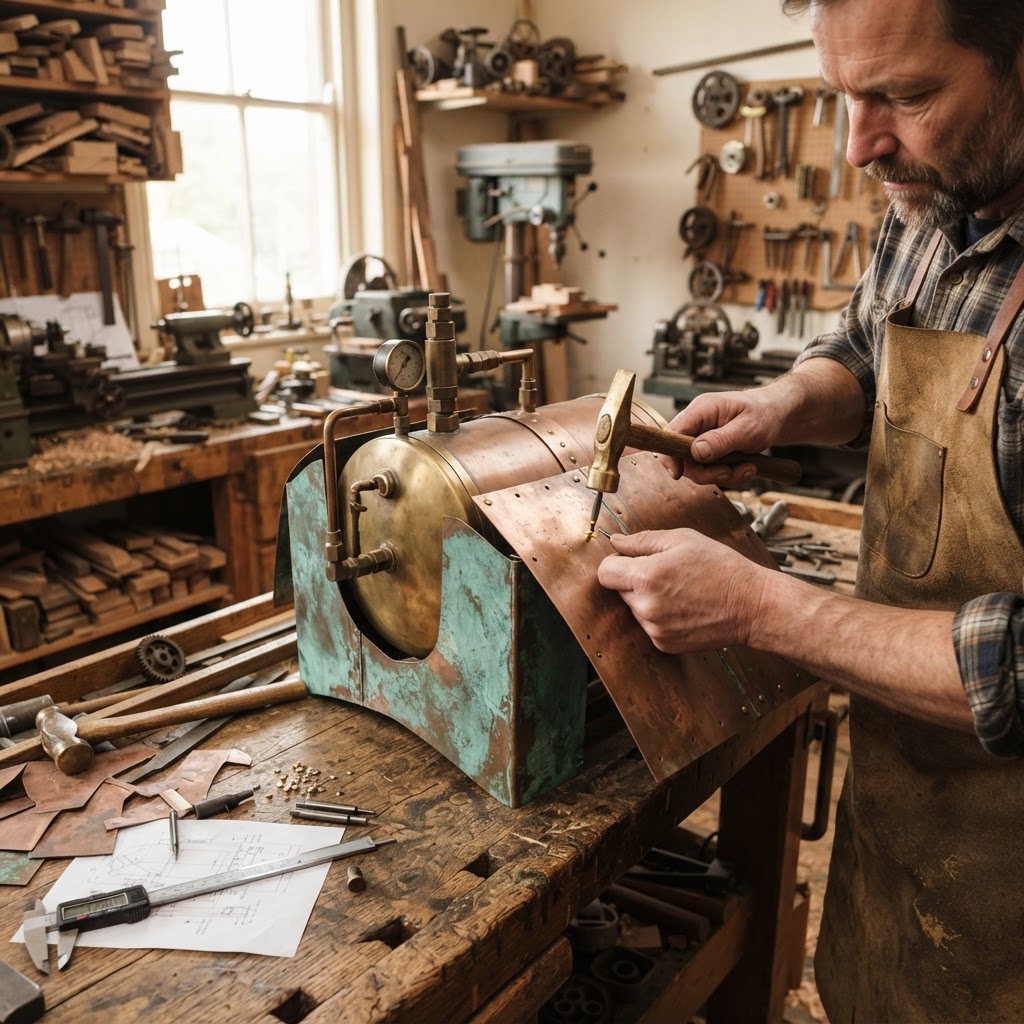 Vintage Patinated Copper Victorian Steam Engine Seed Boiler — step 2