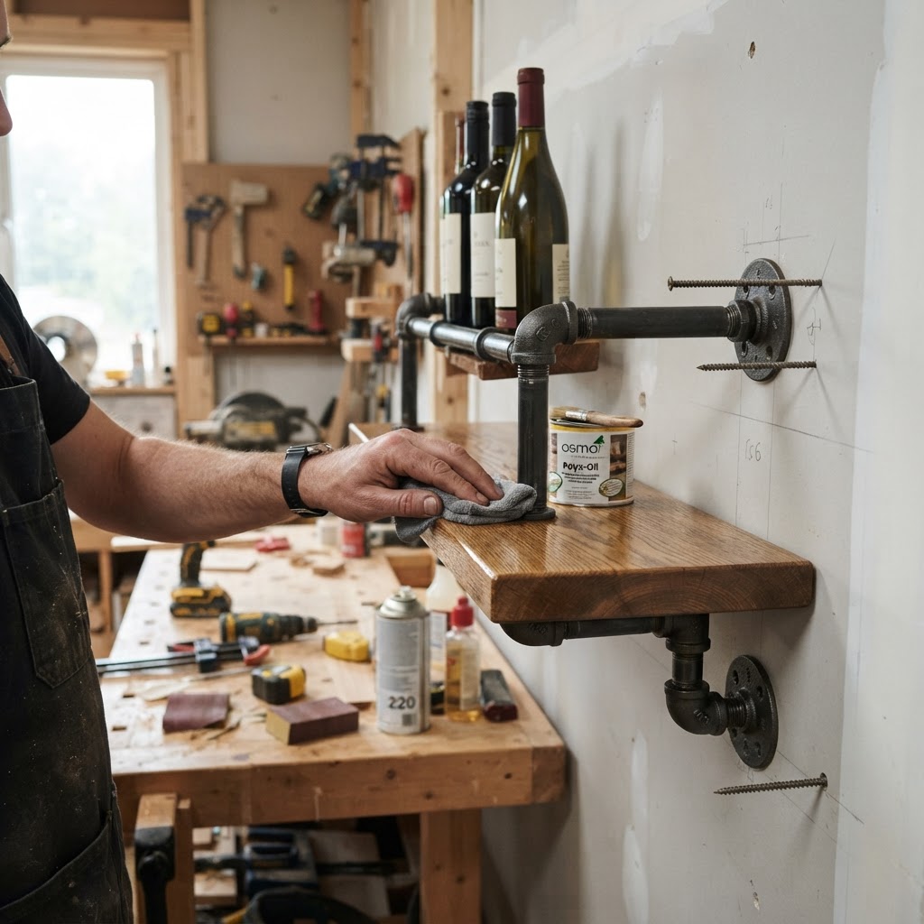 Industrial Pipe and Reclaimed Oak Floating Wine Rack — step 6