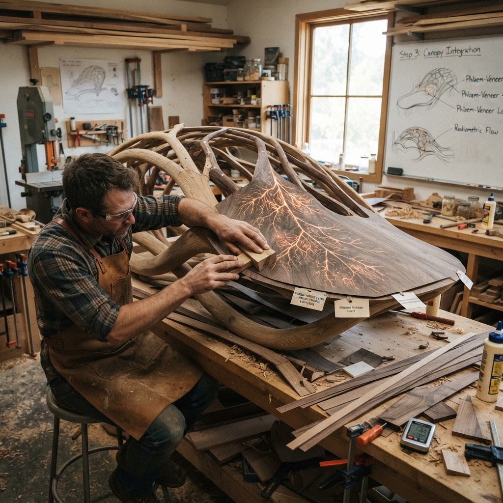 Bespoke Treetop Dendritic Mycelium-Infused Phyto-Thermal Sap-Flow Canopy Radiometric Nesting Lounger — step 3