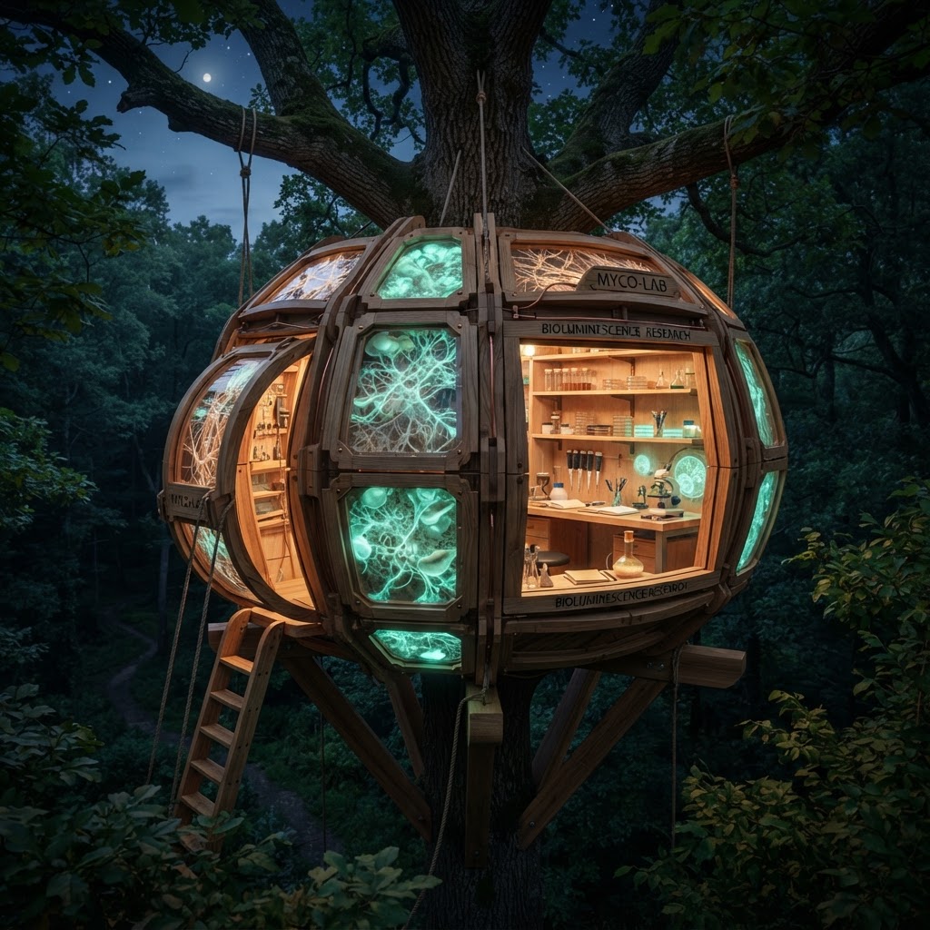 Bioluminescent Mycelium-Infused Treetop Fungal Laboratory