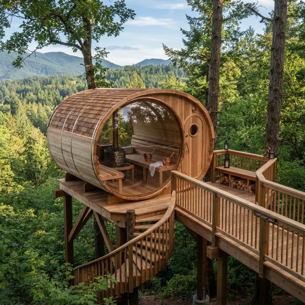 Bespoke Cedar Barrel Sauna Treetop Escape