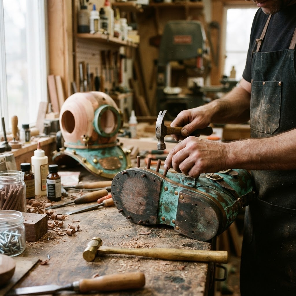 Vintage Patinated Copper Diving Suit Weighted Lead-Boot Seed Perch — step 4