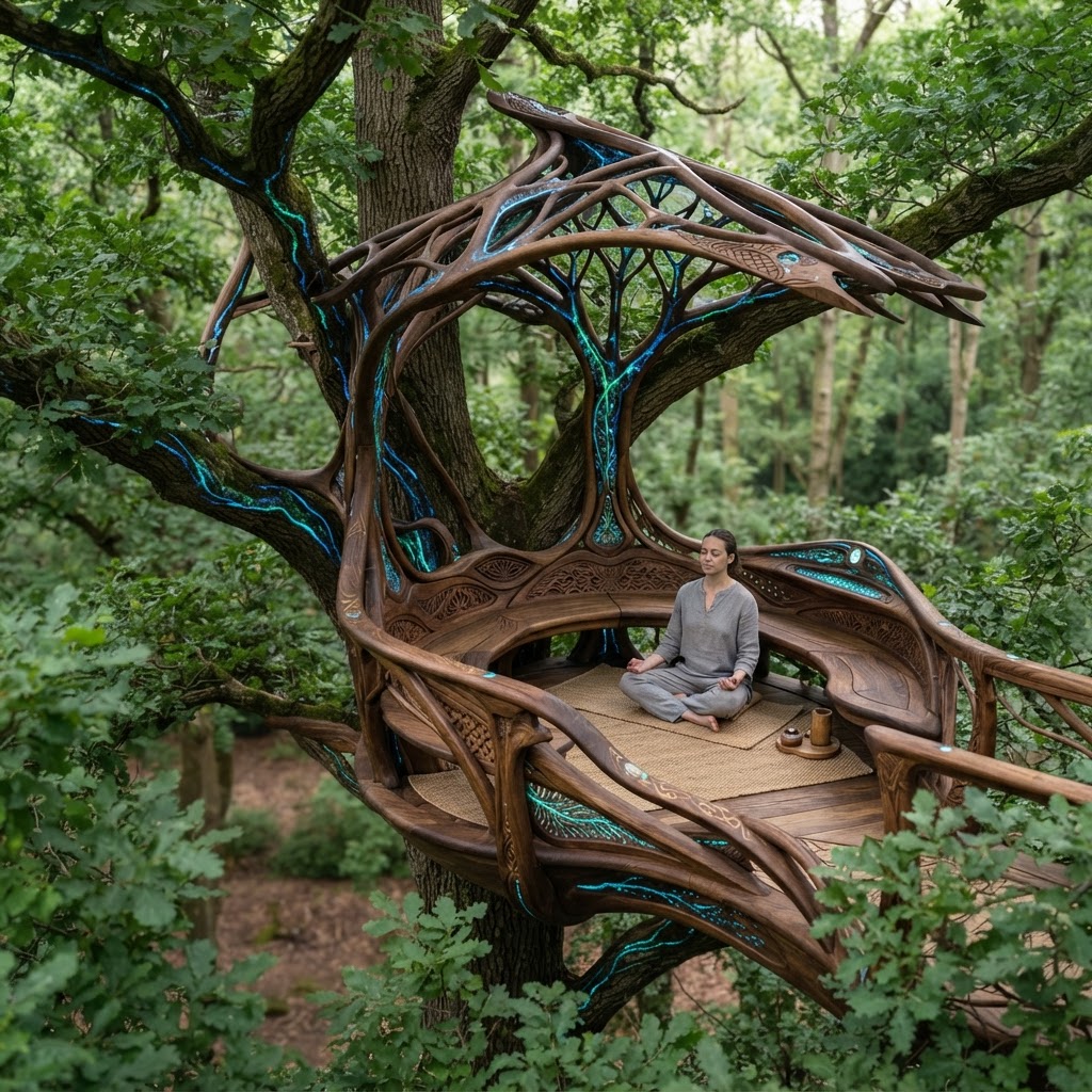 Bespoke Treetop Dendritic Mycelium-Infused Phyto-Luminous Sap-Flow Canopy Radiance-Mapping Meditation Plinth