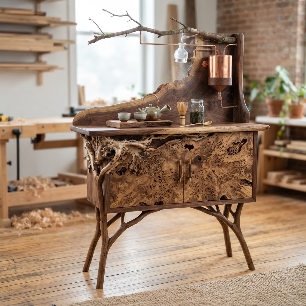 Bespoke Treetop Dendritic Mycelium-Infused Phyto-Porous Sap-Flow Canopy Mist-Capturing Tea Credenza