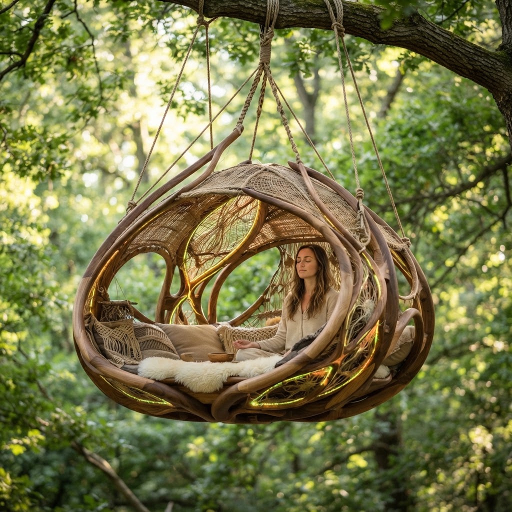 Bespoke Treetop Dendritic Mycelium-Infused Phyto-Glow Sap-Gradient Canopy Atmosphere-Harmonizing Meditation Cradle