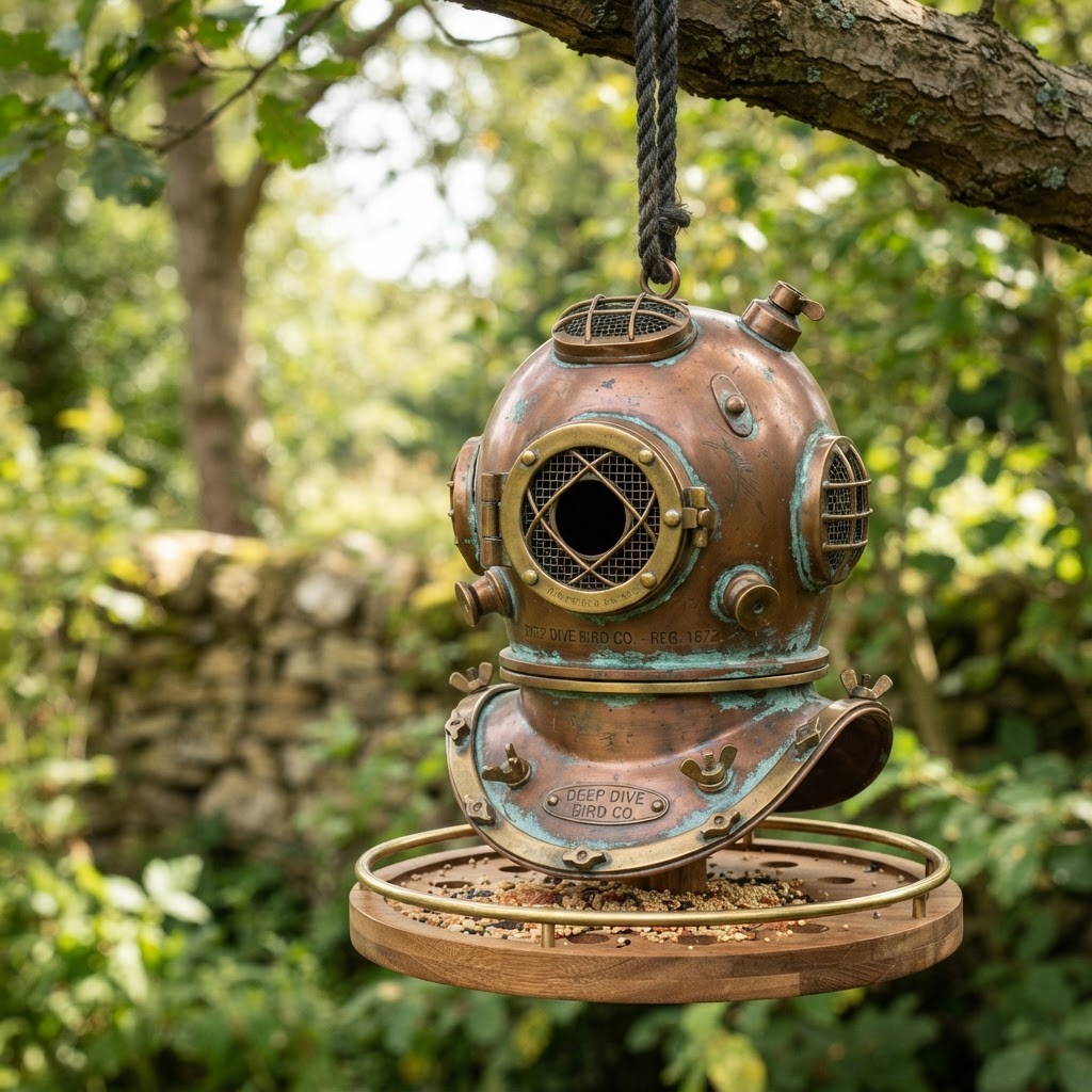 Vintage Patinated Copper Diving Suit Helmet Bird Feeder