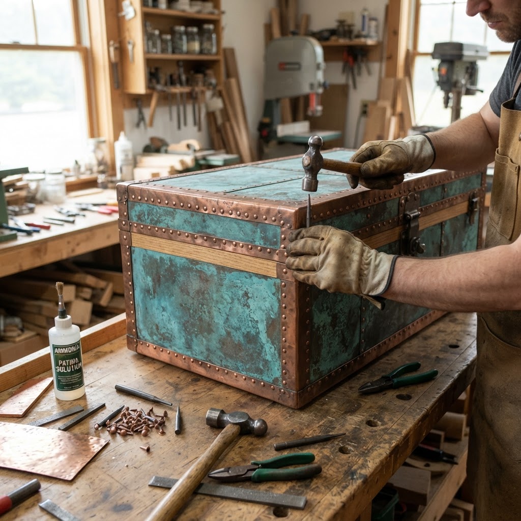 Vintage Patinated Copper Diving Suit Trunk Seed Chest — step 2