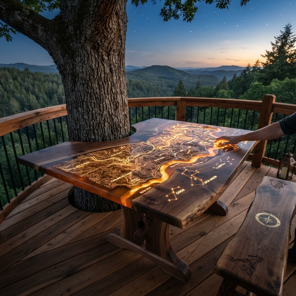 Bespoke Bioluminescent Amber-Resin Treetop Cartography Table