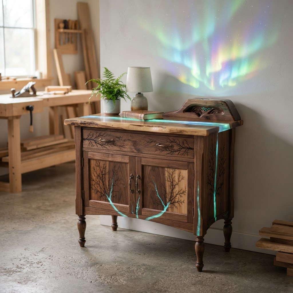 Bespoke Treetop Dendritic Mycelium-Infused Phyto-Cyclic Sap-Flow Canopy Aurora-Projector Bedside Credenza
