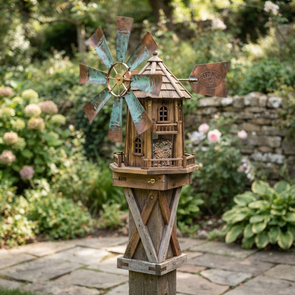 Vintage Patinated Copper Kinetic Windmill Seed Mill