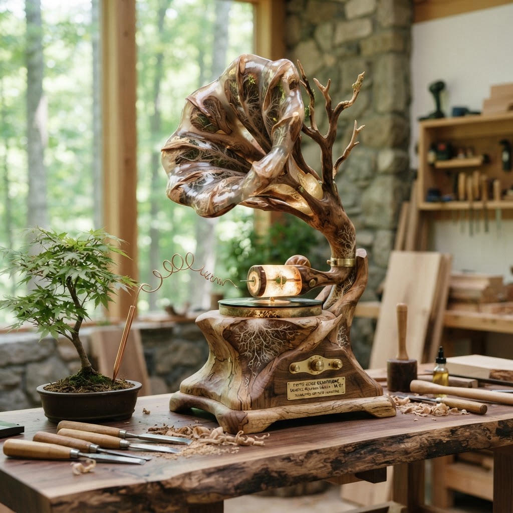 Bespoke Treetop Dendritic Mycelium-Infused Phyto-Sonic Resin Canopy Gramophone