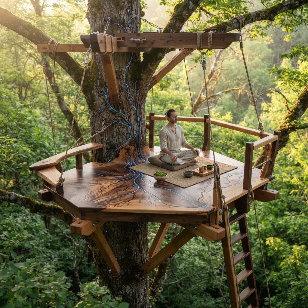 Bespoke Treetop Dendritic Mycelium-Infused Phyto-Bioelectric Sap-Flow Canopy Zenith-Harmonic Meditation Plinth