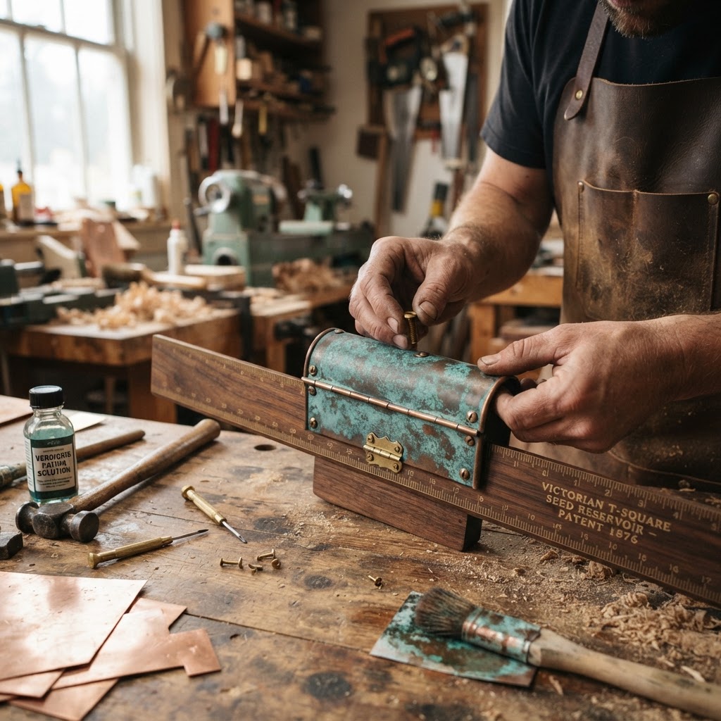 Vintage Patinated Copper Victorian Drafting T-Square Seed Reservoir — step 2
