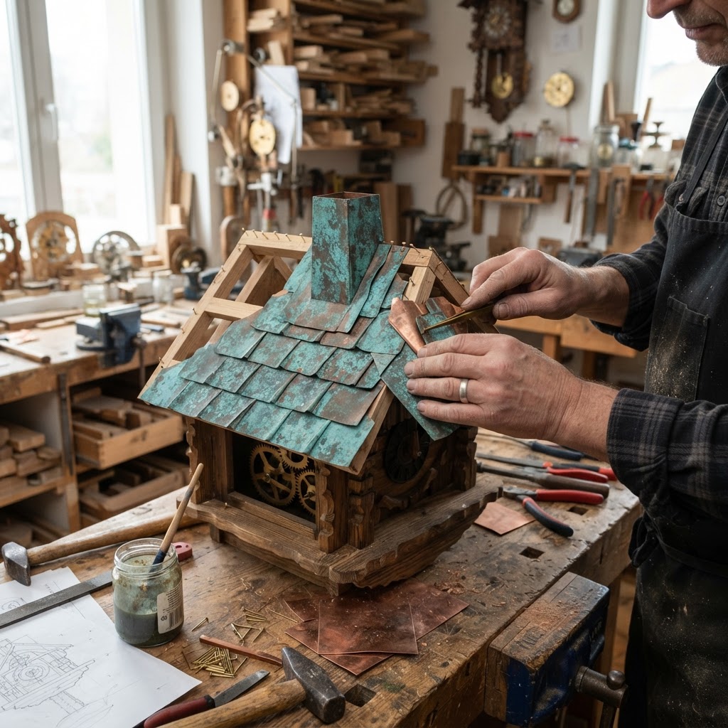 Vintage Patinated Copper Cuckoo Clock Seed Chalet — step 2