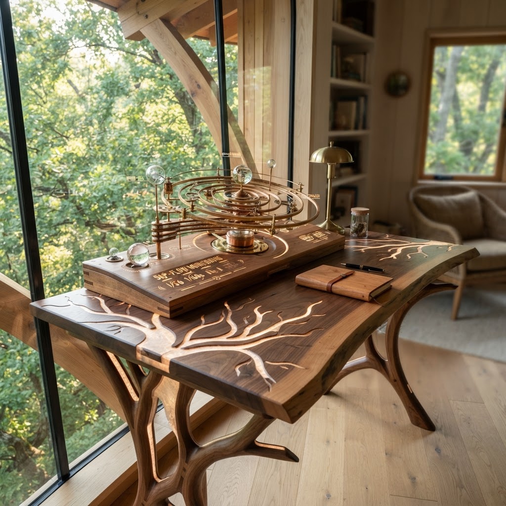 Bespoke Treetop Dendritic Mycelium-Infused Phyto-Refractive Sap-Flow Canopy Zephyr-Orrery Writing Desk