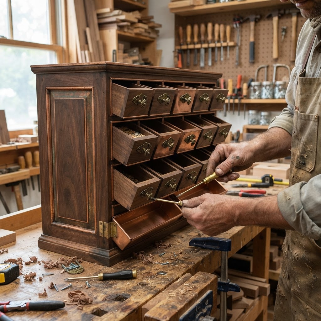 Vintage Patinated Copper Victorian Apothecary Seed Apothecary Cabinet — step 3
