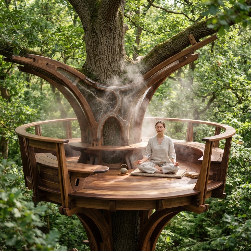 Bespoke Treetop Dendritic Mycelium-Infused Phyto-Thermal Sap-Flow Canopy Mist-Collecting Meditation Ledge