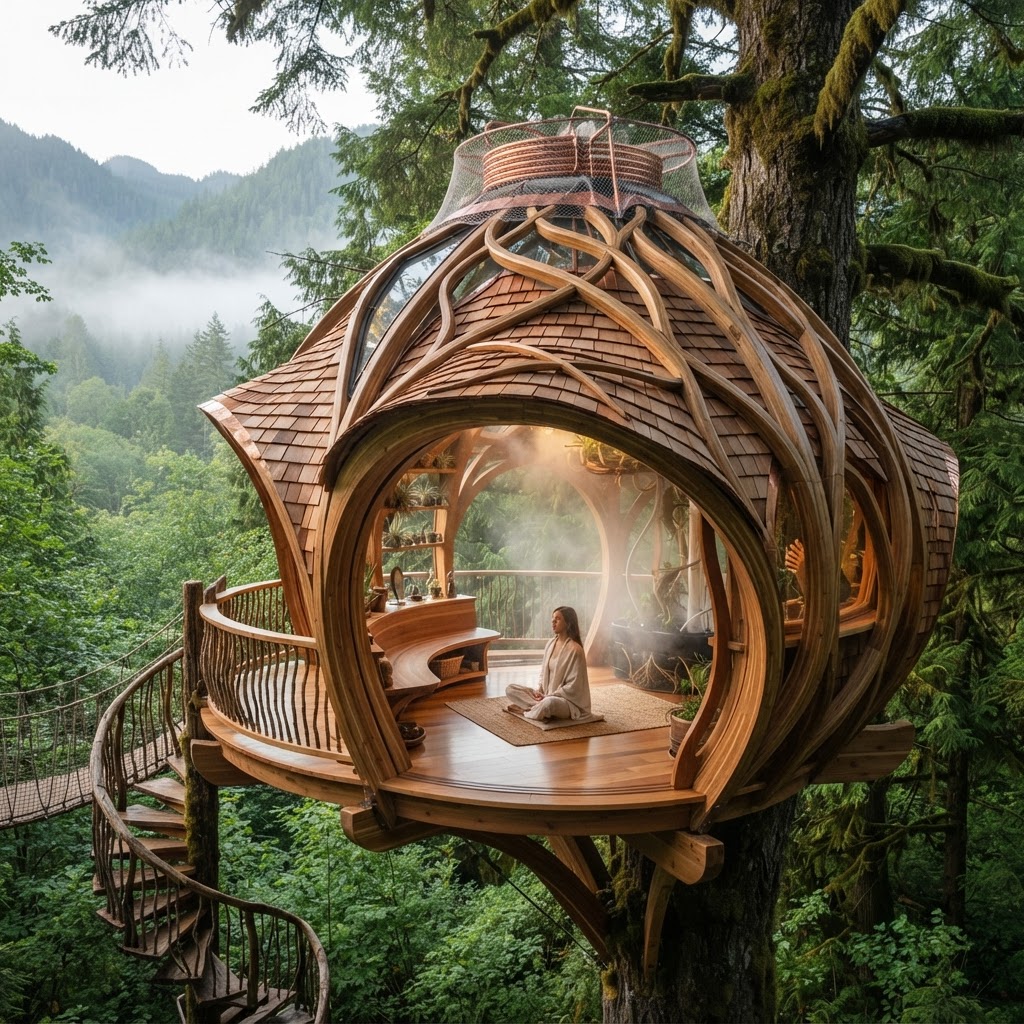 Bespoke Treetop Dendritic Aeroponic Mist-Harvesting Meditation Pod