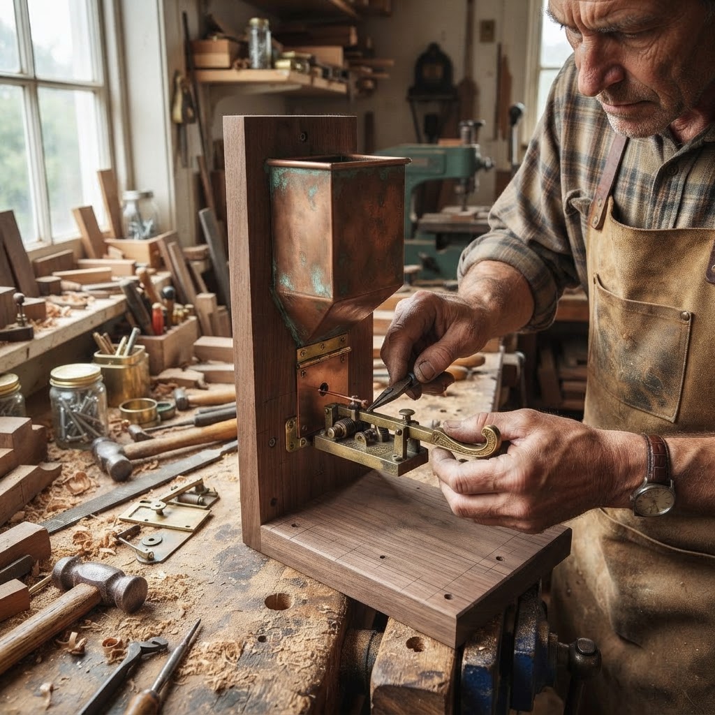 Vintage Patinated Copper Victorian Telegraphic Key Seed Dispenser — step 3
