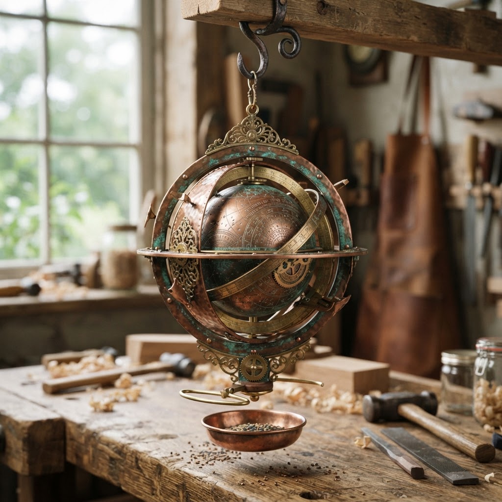 Vintage Patinated Copper Victorian Astrolabe Seed Celestial Mapper