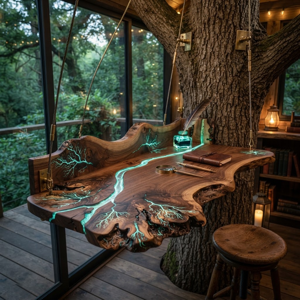Bespoke Treetop Dendritic Mycelium-Infused Phyto-Fluorescent Sap-Flow Canopy Ink-Well Writing Desk