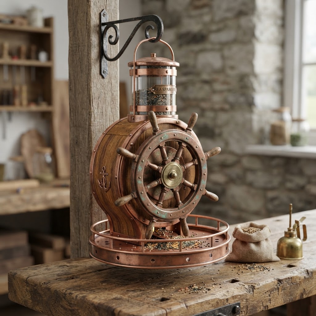 Vintage Patinated Copper Ship's Wheel Seed Spreader