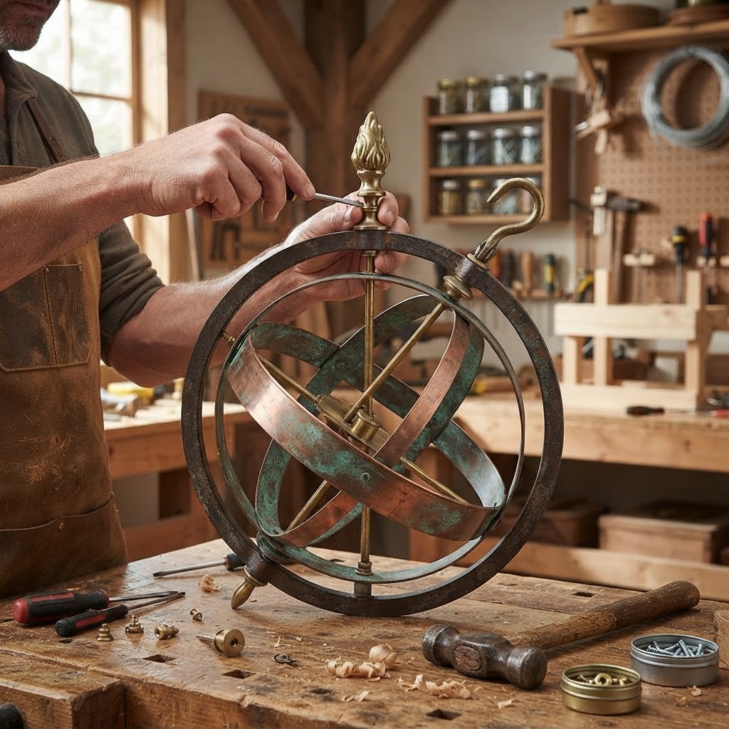Vintage Patinated Copper Celestial Armillary Sphere Seed Globe — step 4