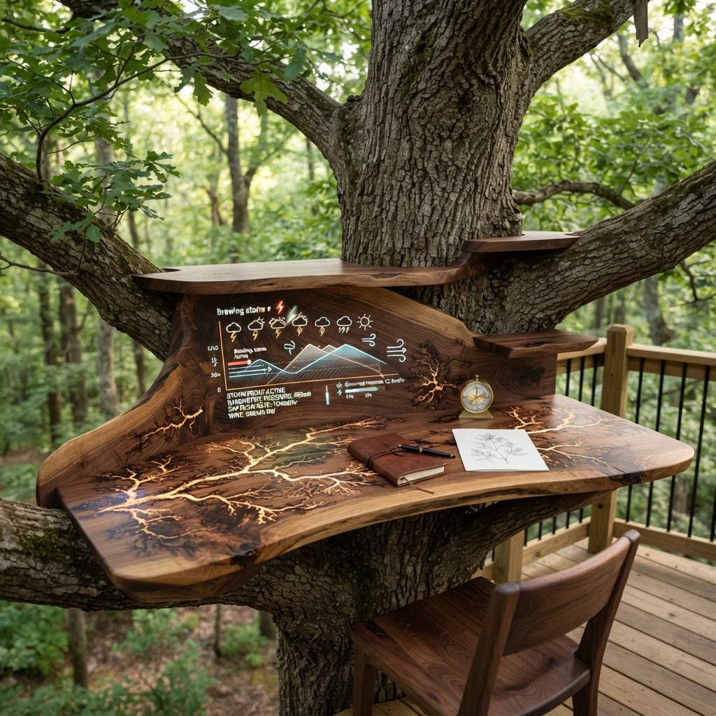 Bespoke Treetop Dendritic Mycelium-Infused Phyto-Kinetic Sap-Flow Canopy Storm-Tracking Writing Desk