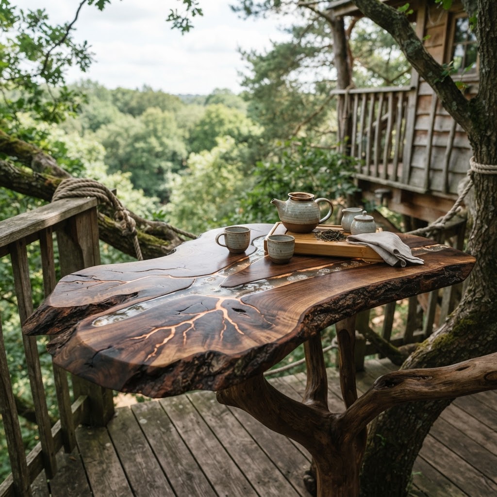Bespoke Treetop Dendritic Mycelium-Infused Phyto-Cyclic Sap-Flow Barometric Tea-Service Table